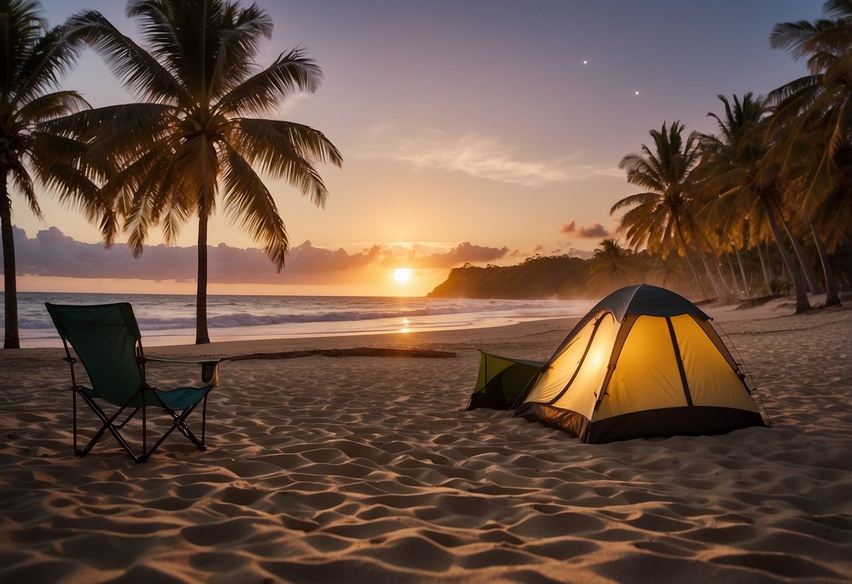 Sunset beach scene with tent, campfire, cooler, and fishing gear. Waves crashing in the background. Palm trees and starry sky