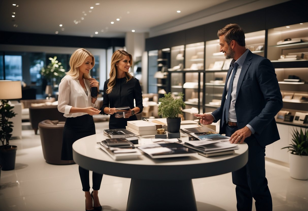 A showroom with modern loose furniture displayed, a salesperson assisting a customer, catalogs and samples on the table