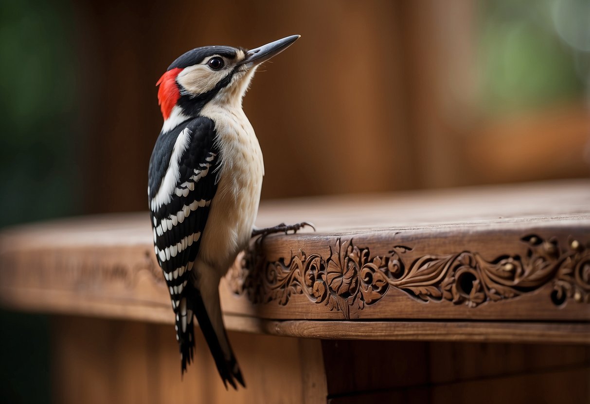 A woodpecker perches on a sturdy wardrobe, tapping its beak against the wooden surface. The furniture stands tall and sturdy, with intricate carvings and a rich, polished finish