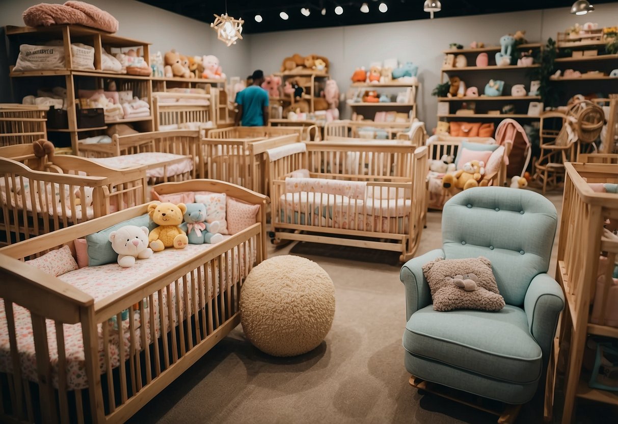 Colorful cribs, changing tables, and rocking chairs fill the nursery furniture market. Brightly patterned bedding and soft toys adorn the displays. Customers browse the aisles, admiring the cozy and stylish options