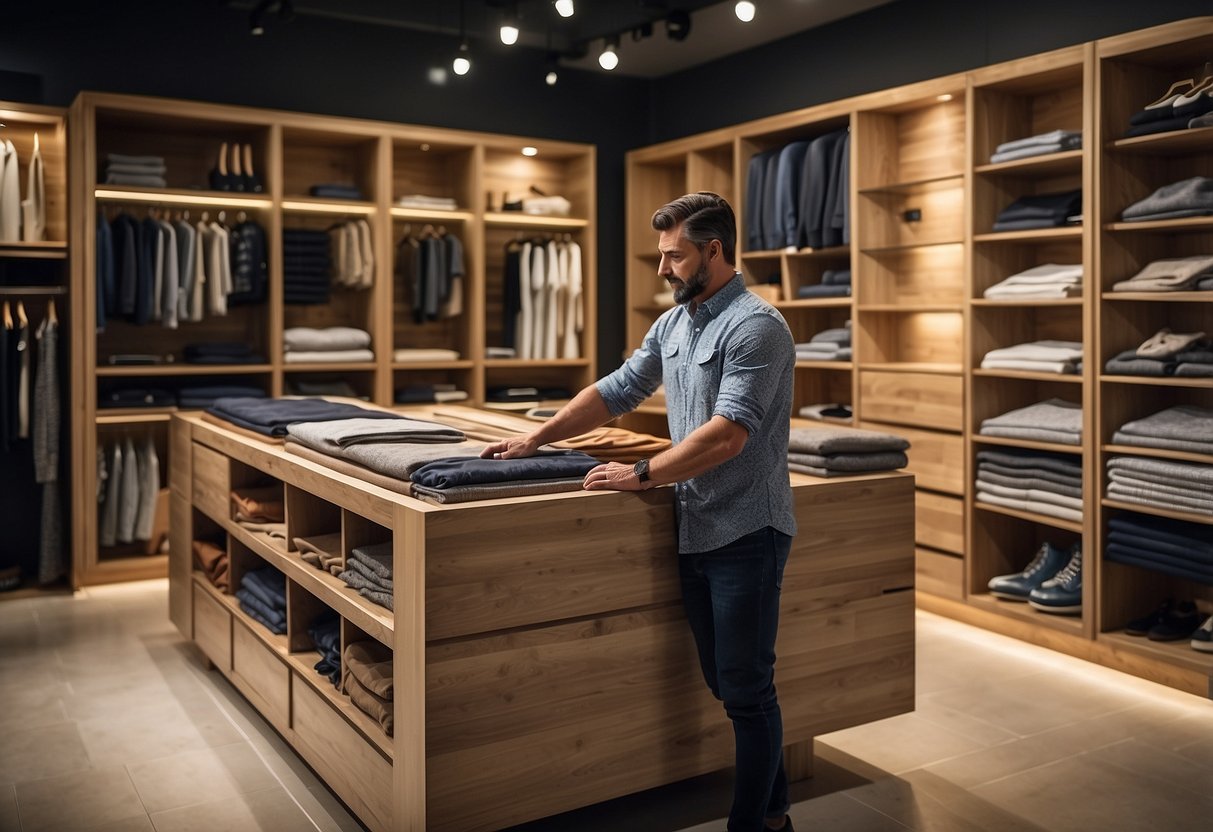 A customer selects from various woodpecker wardrobe designs and customisation options at the furniture store