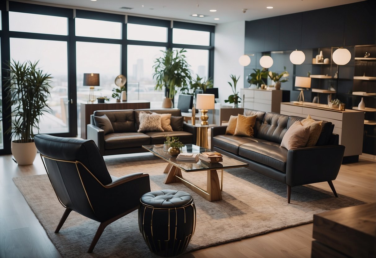 A showroom filled with modern, stylish furniture. A customer service representative assists a client with a smile