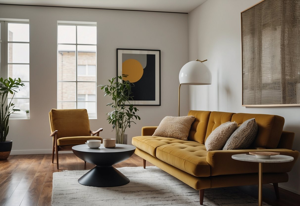 A sleek sofa and armchair face a minimalist coffee table. A mid-century modern bookshelf stands against the wall, adorned with art pieces