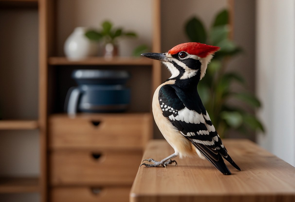 A woodpecker perches on a stylish wardrobe, pecking at the wood with determination. The logo "Frequently Asked Questions" is prominently displayed on the furniture