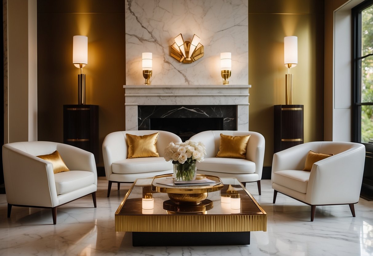 A sleek, white leather sofa sits in front of a marble fireplace, flanked by two mid-century modern armchairs. A glass coffee table with gold accents completes the modern classic look