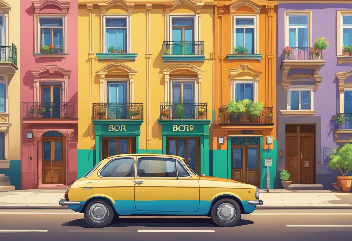 A car with the license plate "BOR" parked in front of a colorful building on a sunny day