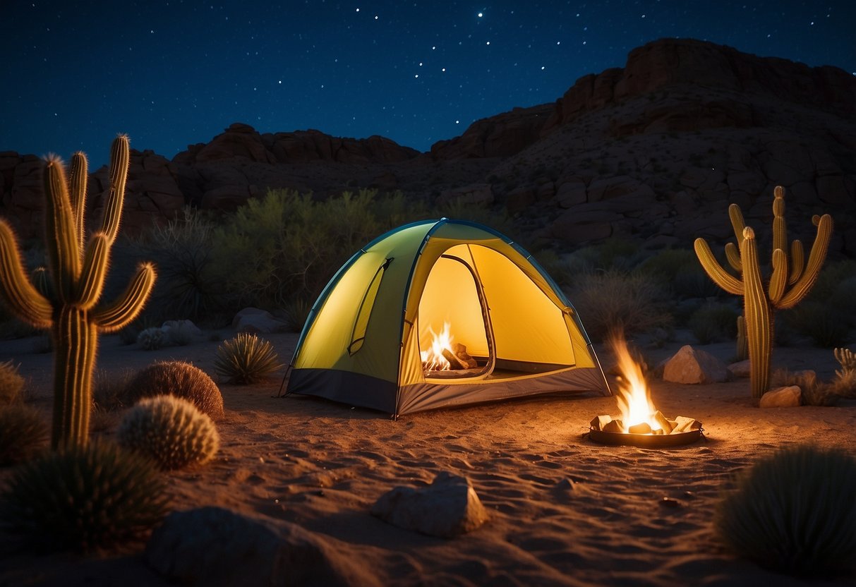 A campsite in the desert with a tent pitched on sandy ground, surrounded by cacti and rocky formations. A clear night sky above with twinkling stars and a small campfire burning in the foreground