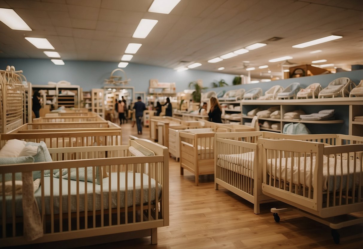 A bustling nursery furniture market with customers browsing and salespeople assisting. Various cribs, changing tables, and rocking chairs are on display