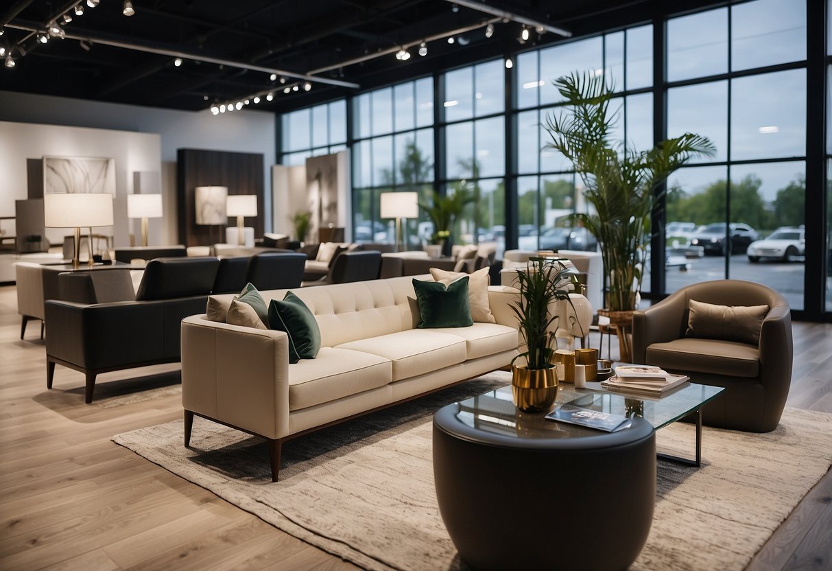 A sleek, modern furniture showroom with bold signage and elegant displays showcasing exclusive offers and services at Nova Furniture on Sims Drive
