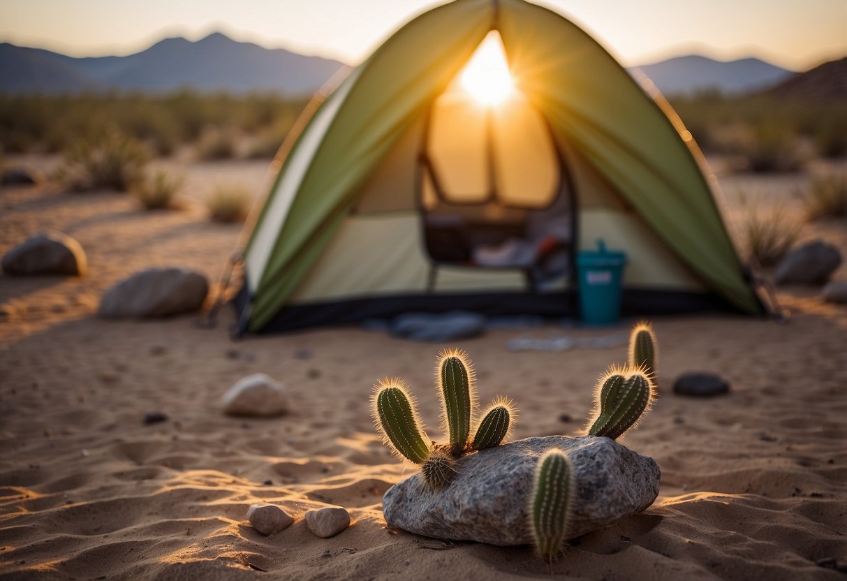 Sunset in the desert, a campsite with a tent and a campfire. A cactus and rocky terrain in the background. Clothing hanging on a line