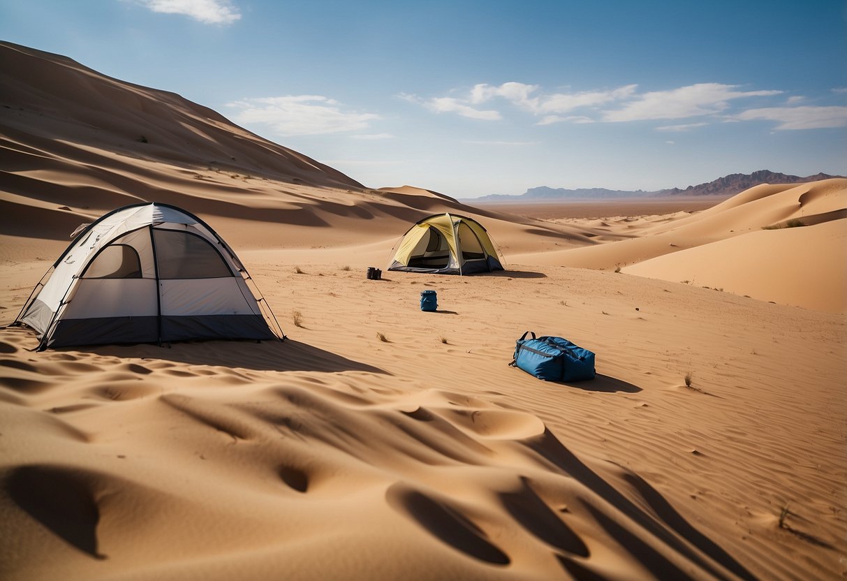 A desert landscape with a camping site, showing multiple water reserves being carried and stored near a tent. Sand dunes and a clear blue sky in the background