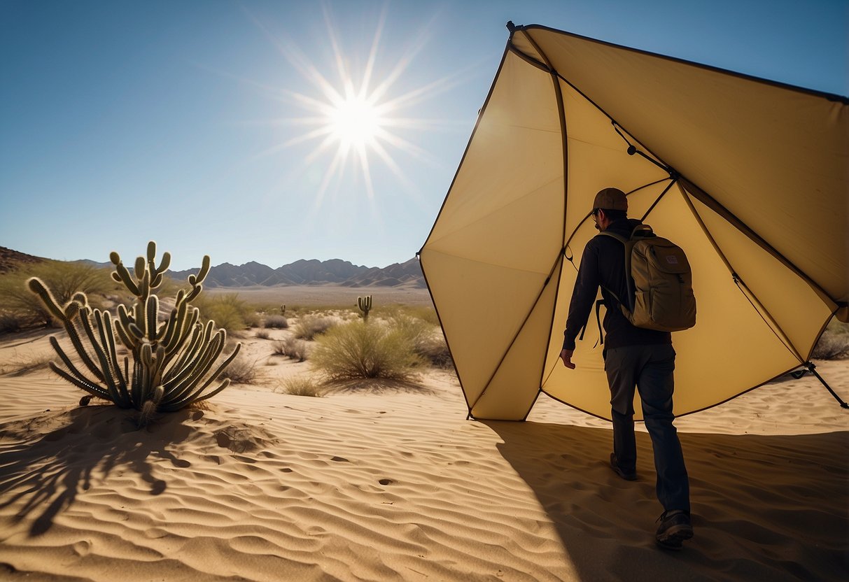 A person carries a portable shade shelter in a desert camping scene. Sand dunes and cacti surround the area, with a bright sun shining overhead