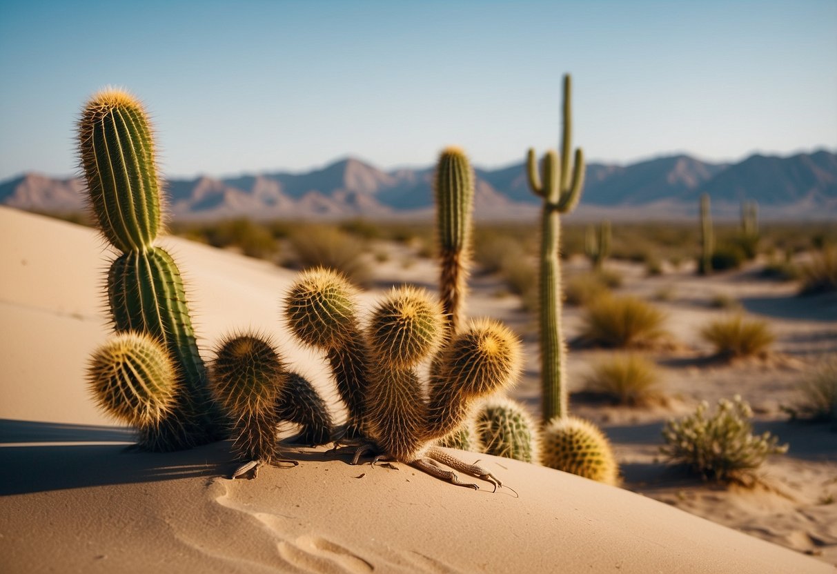 Desert landscape with cacti, lizard, snake, scorpion, and camel. Sand dunes in the background, clear blue sky above