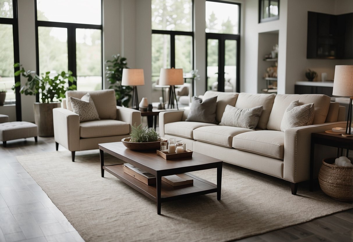 A modern classic living room with clean lines, neutral colors, and sleek furniture. A large, comfortable sofa sits in the center, surrounded by matching armchairs and a low coffee table. The room is bathed in natural light from the large windows