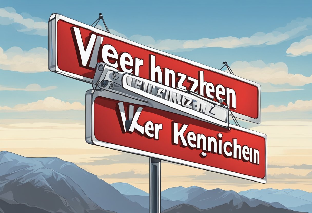 A red and white sign with the words "ver kennzeichen" in bold black letters, mounted on a metal pole against a blue sky