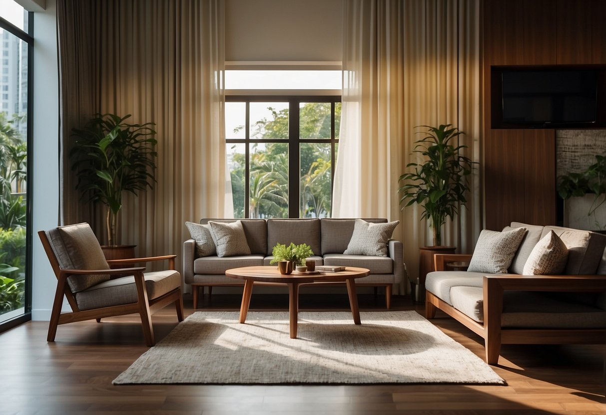 A cozy living room with American walnut furniture in Singapore. Sunlight streams through the window, casting warm shadows on the polished wood surfaces