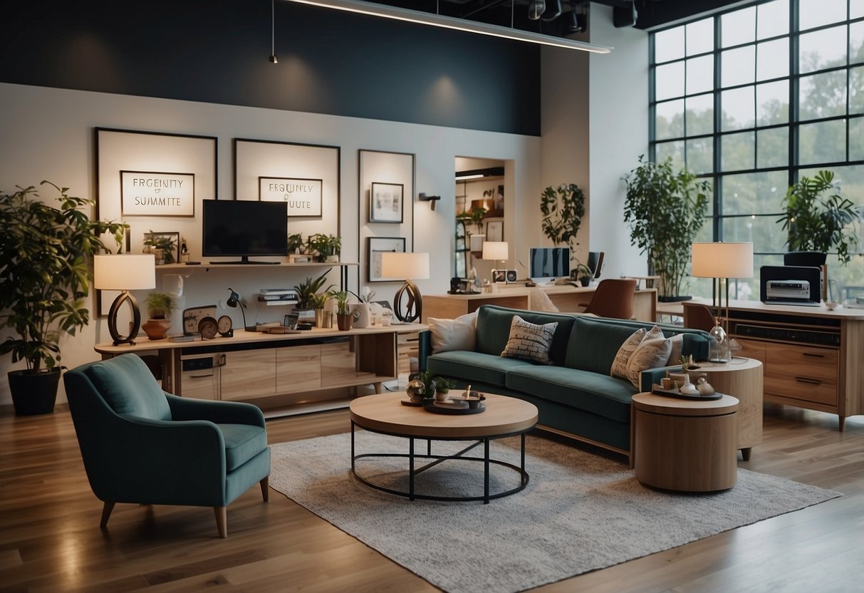 A busy showroom with customers browsing furniture displays, a sign reading "Frequently Asked Questions" above a desk at nova furniture sims drive