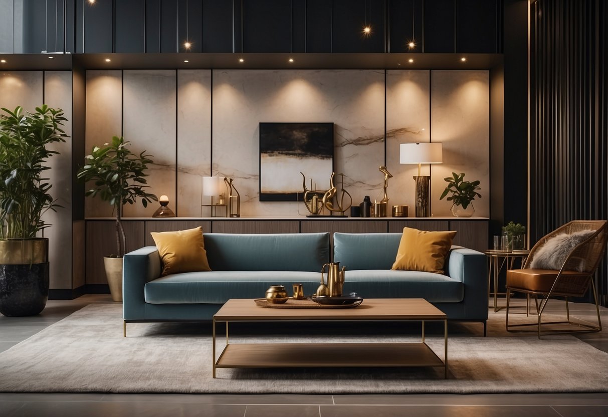 A spacious showroom with elegant furniture displays, soft lighting, and a modern ambiance. Rich textures and luxurious finishes create a sophisticated and inviting atmosphere