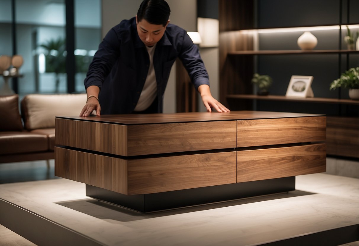 A hand reaches out to carefully select a sleek American walnut furniture piece in a modern Singapore showroom