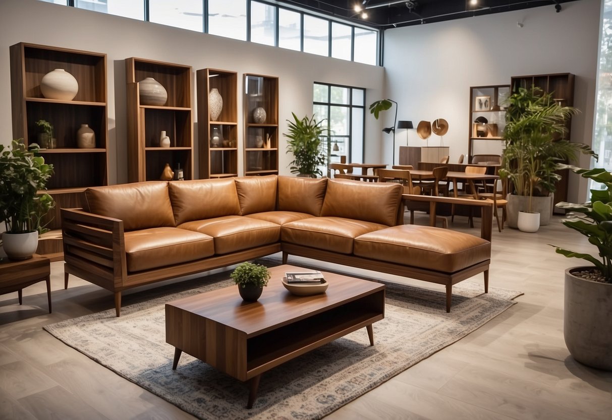 A sleek, modern showroom displaying a variety of American walnut furniture pieces, with stylish decor and ample natural light