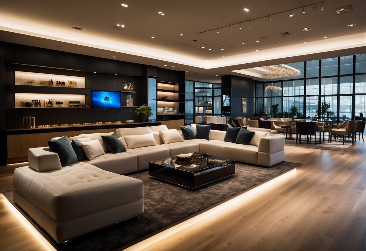 A sleek, modern showroom with luxurious furniture displays and ambient lighting, creating an upscale and inviting atmosphere for the Marquis Shopping Experience