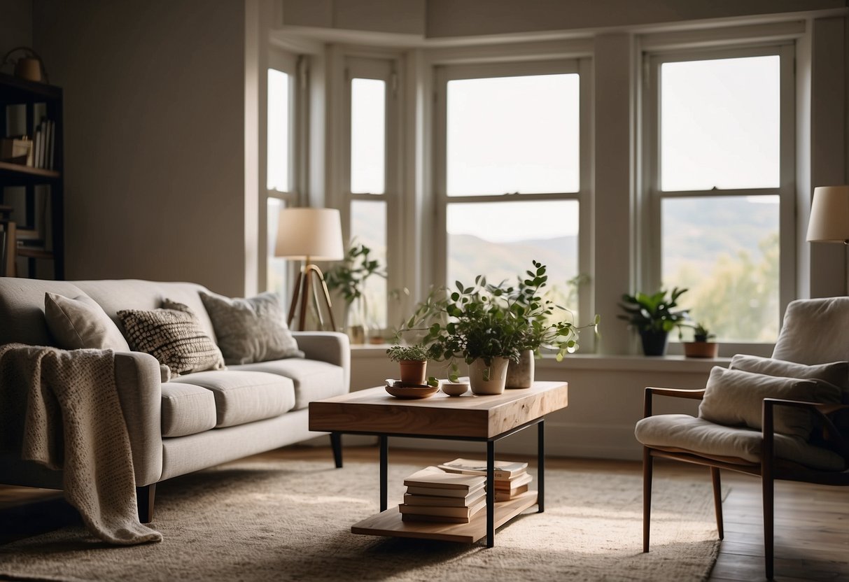 A cozy living room with a side table, a floor lamp, and a decorative accent chair by the window