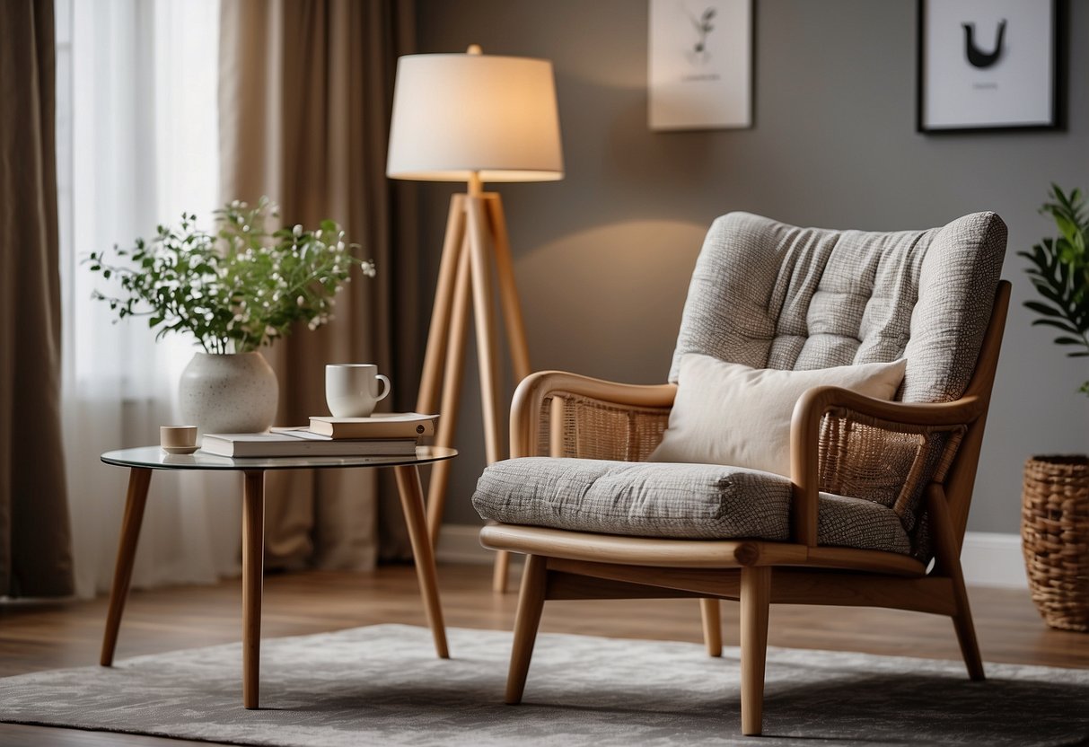 A cozy living room with a side table, floor lamp, and decorative chair. The furniture is stylish and functional, adding character to the space