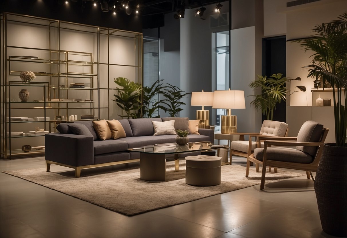 A customer browsing through a showroom of elegant furniture, reading a "Frequently Asked Questions" sign next to a marquis furniture display in Singapore