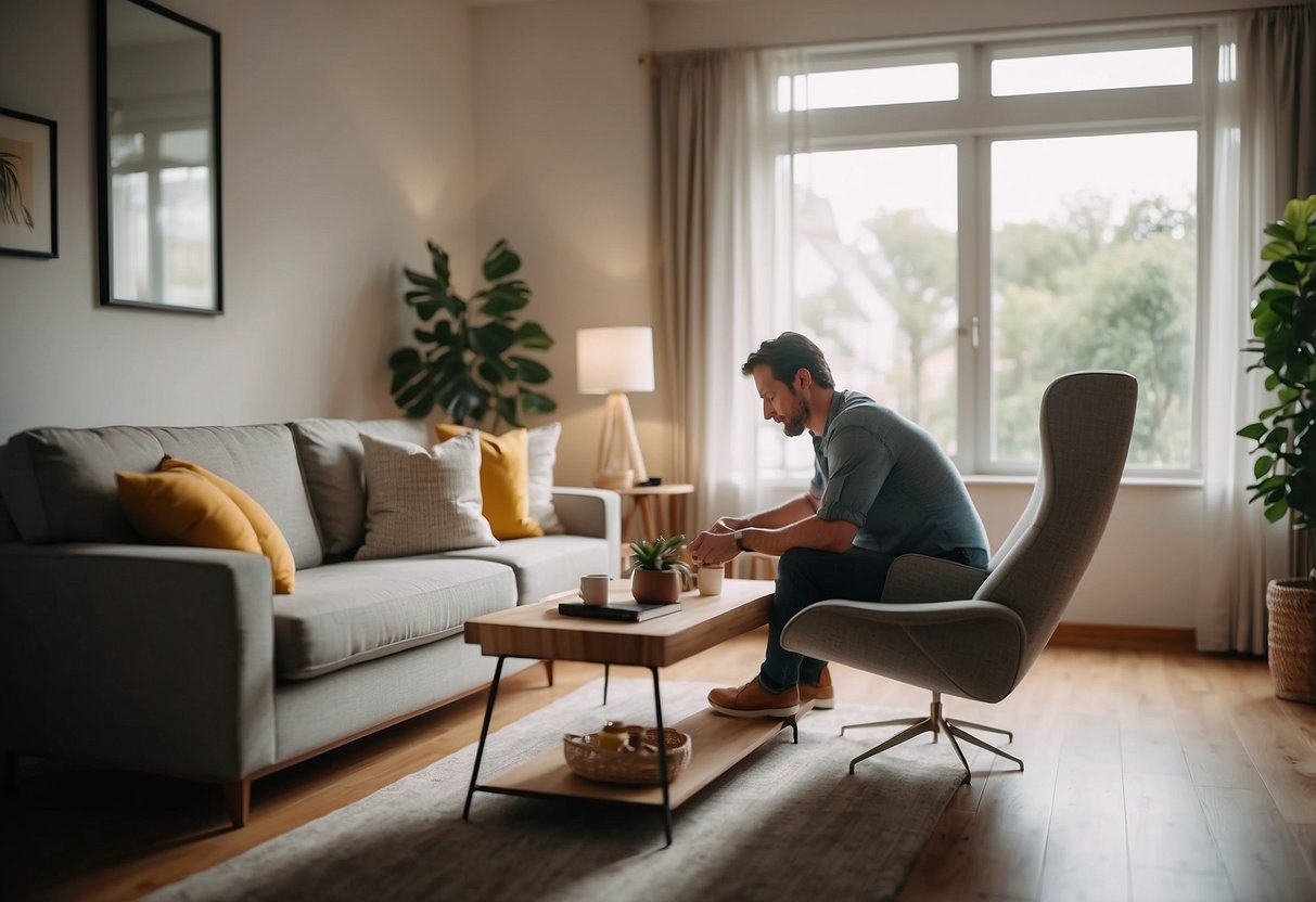 A person arranging a side table and lamp next to a cozy armchair in a well-lit living room