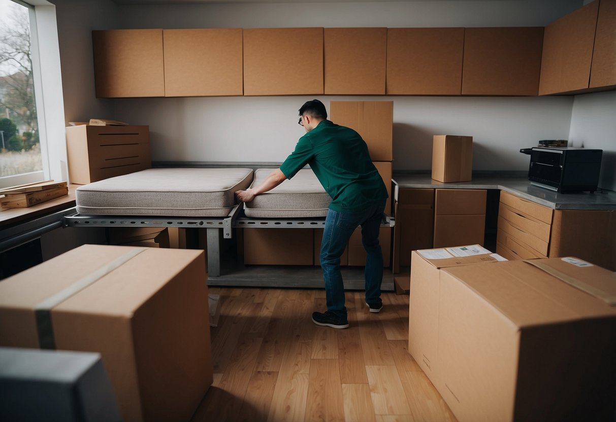 Heavy furniture being moved, with a person planning their next move