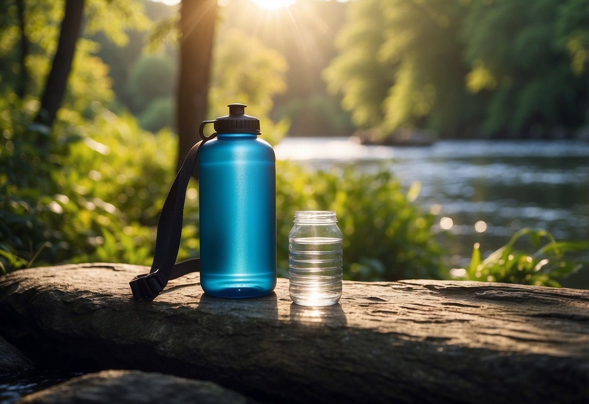 A campsite with a water jug, canteen, and hydration pack. A river flows in the background, surrounded by lush green trees. The sun shines overhead, casting a warm glow on the scene