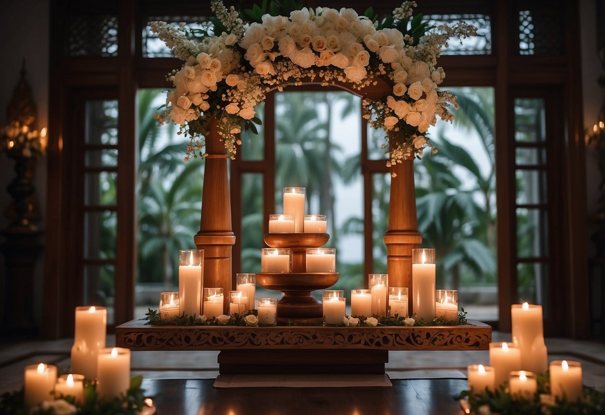 An elegant wooden altar with intricate carvings, adorned with candles and fresh flowers, sits in a serene room in Singapore