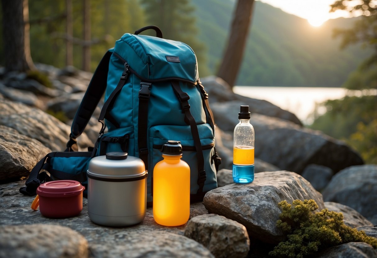 A camping scene with a backpack, water bottle, and electrolyte tablets laid out on a rock next to a campfire. Surrounding trees and a clear sky in the background