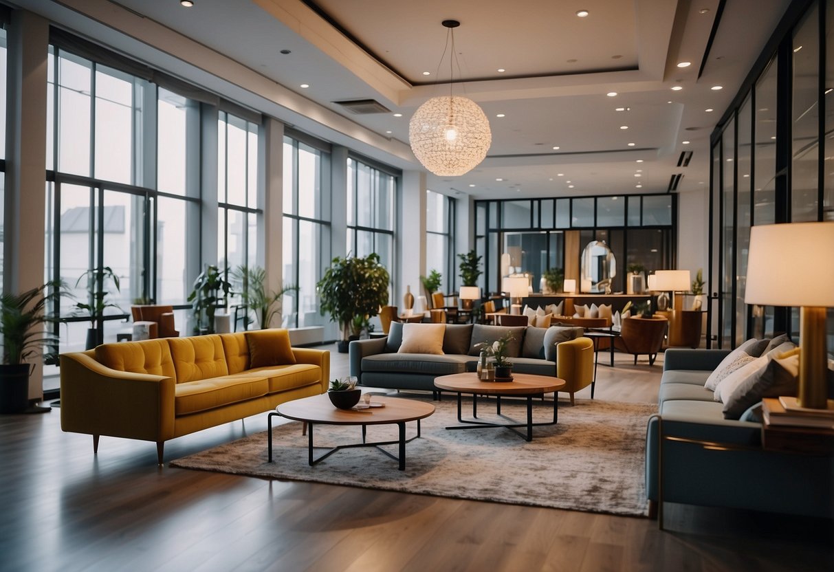 A spacious showroom filled with modern and classic furniture pieces arranged in stylish room settings, with natural light streaming in through large windows
