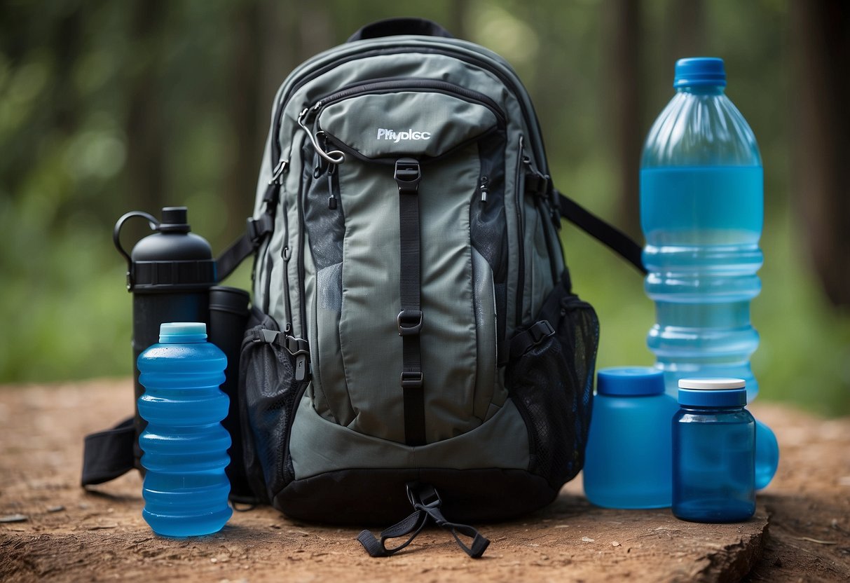 A backpack with hydration tablets, a water bottle, a hydration pack, a canteen, a water filter, a hydration bladder, and a water purification tablet