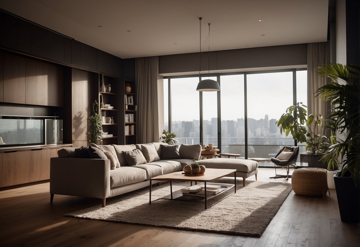 A person pushes a large sofa across the room, exerting effort