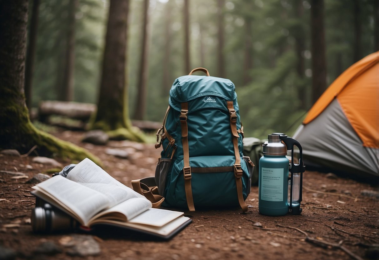 A campsite with a tent, hiking boots, and a backpack. A reusable water bottle sits on a rock next to a trail map and a campfire