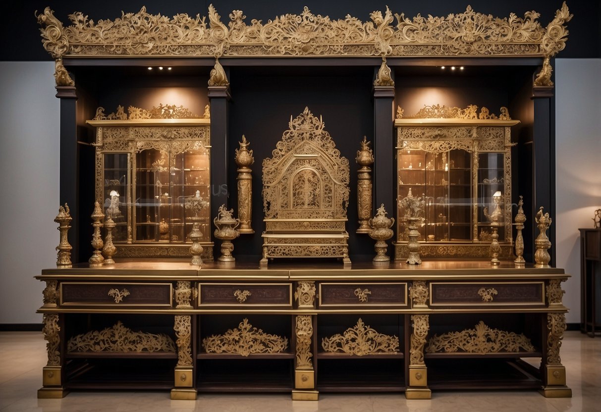 A display of ornate altar furniture in a Singapore showroom, showcasing a variety of designs and materials