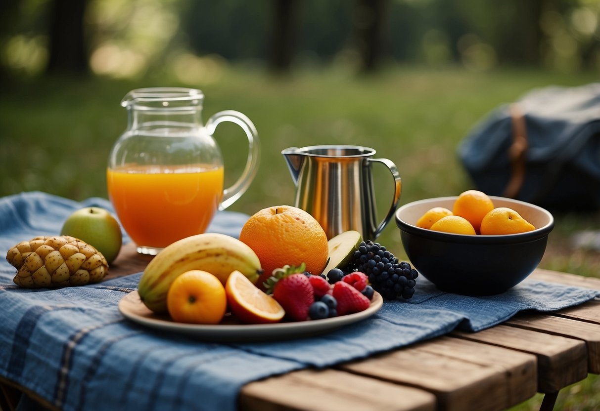 A camping scene with a table set up with seven different types of natural fruits, a pitcher of water, and various camping gear in the background