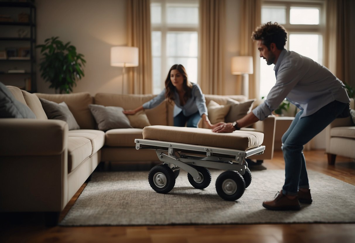 A person uses a dolly to move a heavy sofa, while another person guides and directs the movement