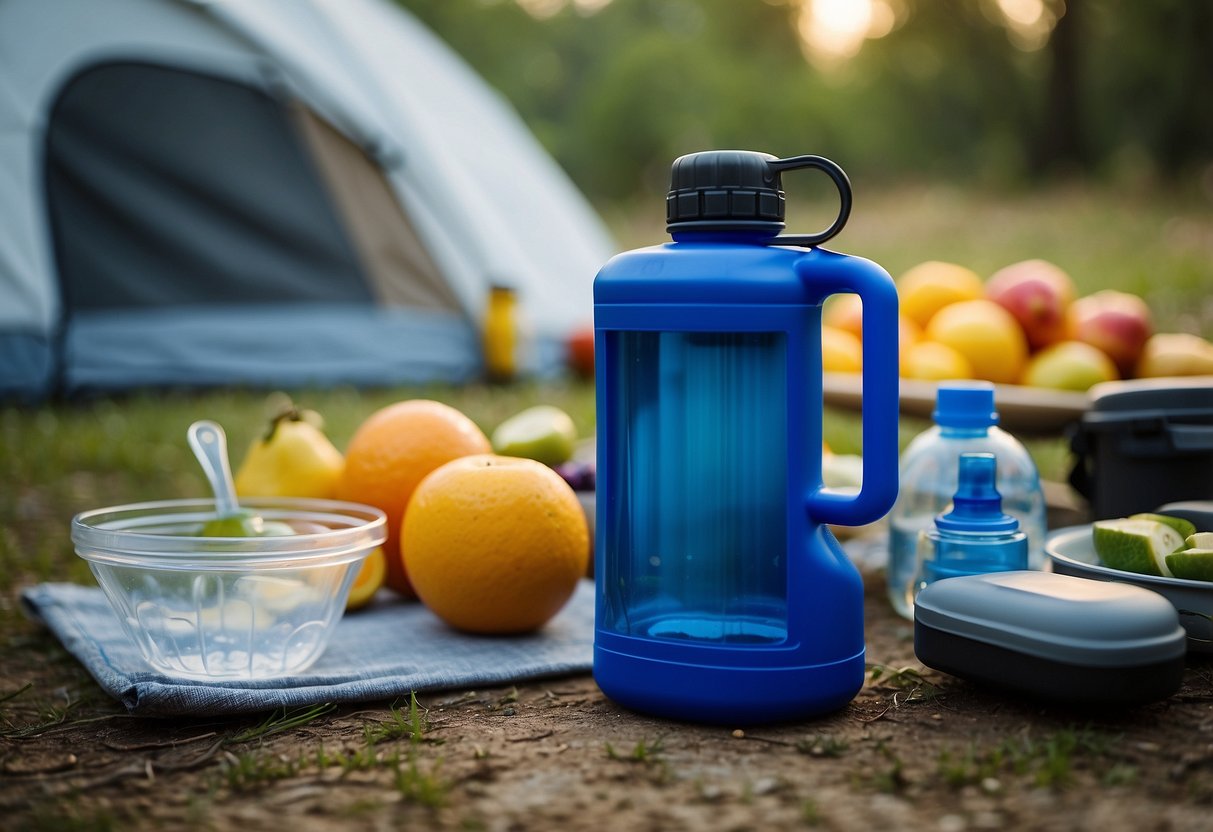 A camping scene with various hydration options: water bottles, hydration packs, electrolyte tablets, fruits, vegetables, and a water filter