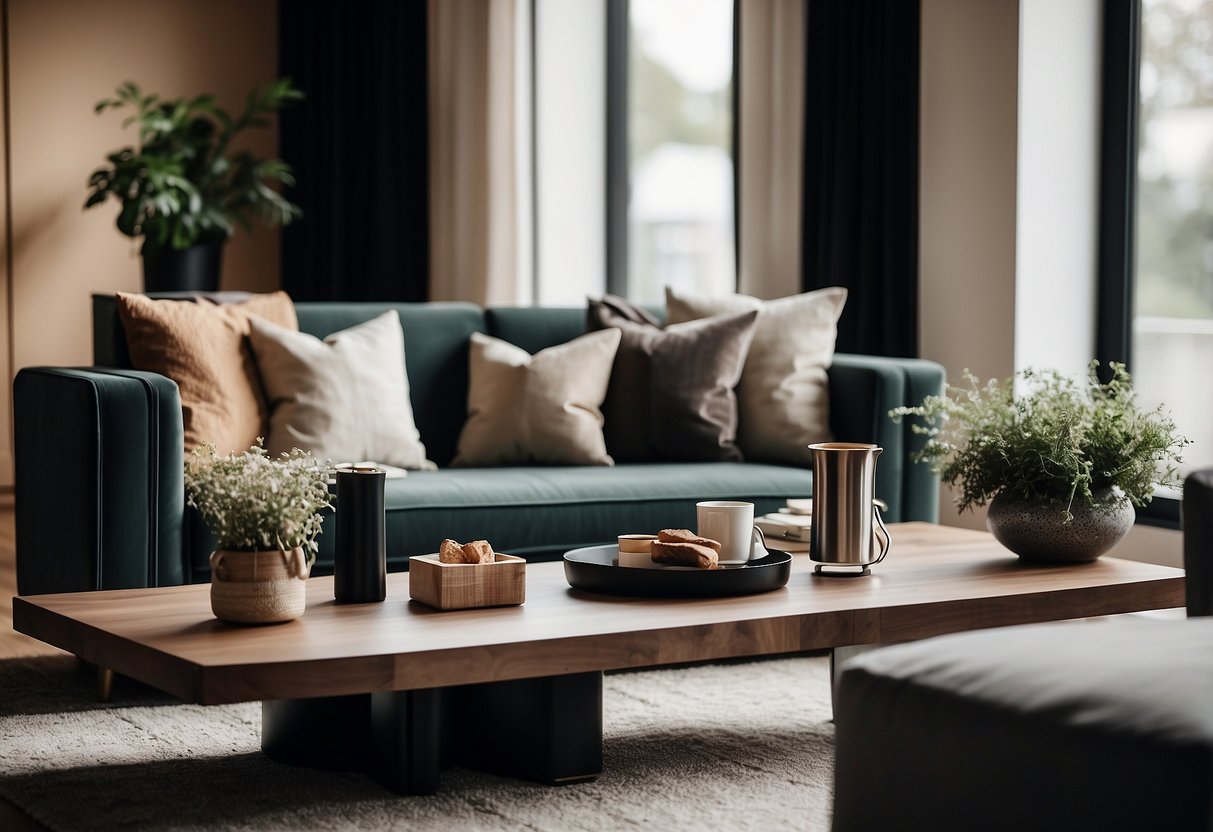 A cozy living room with a modern sofa and a sleek coffee table, surrounded by stylish occasional furniture pieces
