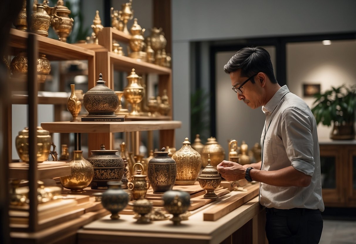 A customer browsing through various altar furniture options in a well-lit showroom in Singapore, carefully examining the craftsmanship and design details