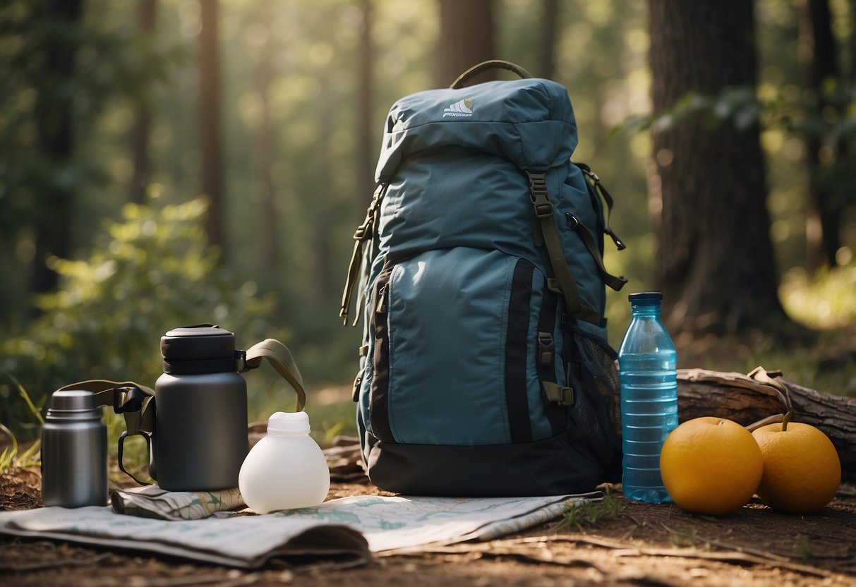 A camping scene with a water bottle, hydration pack, fruits, and a map showing 7 ways to stay hydrated. Surrounding environment includes trees, a tent, and a campfire