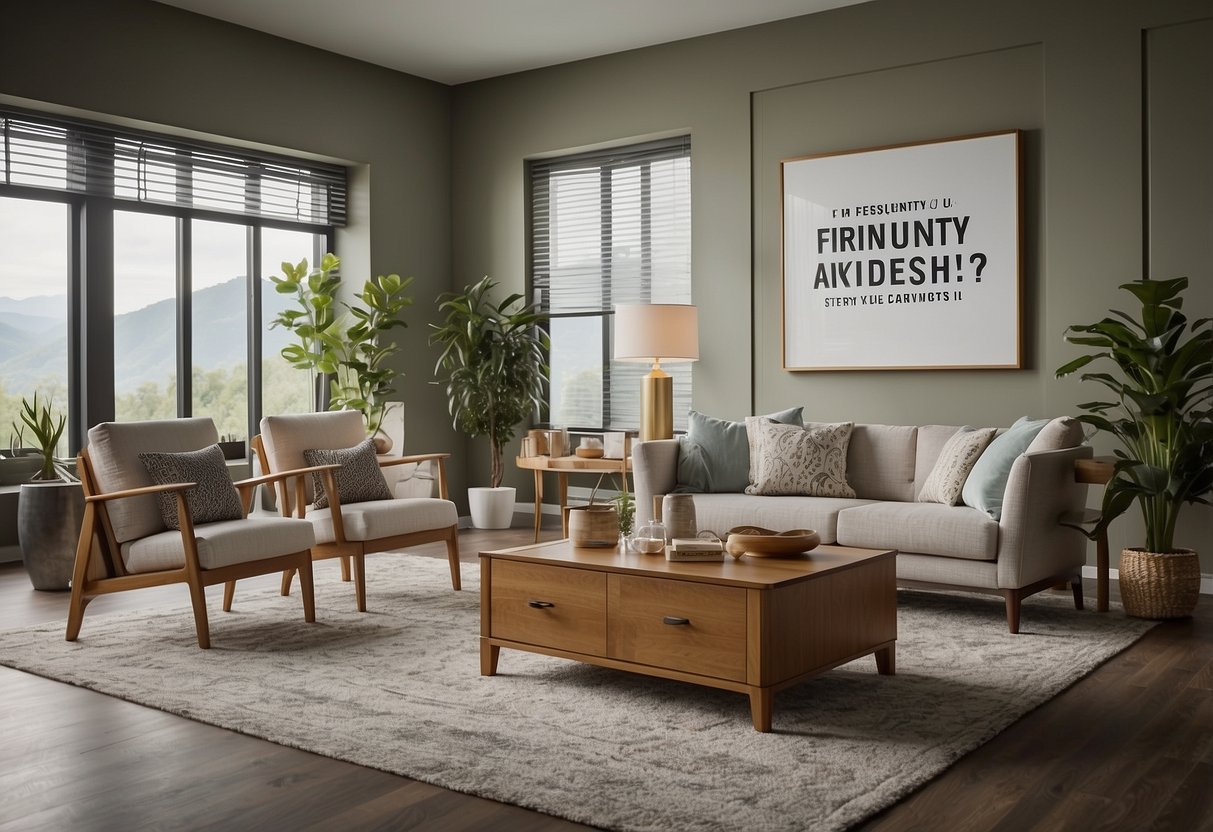 A room with various furniture pieces, surrounded by question marks and the words "Frequently Asked Questions 4 u 2 furniture" in bold font