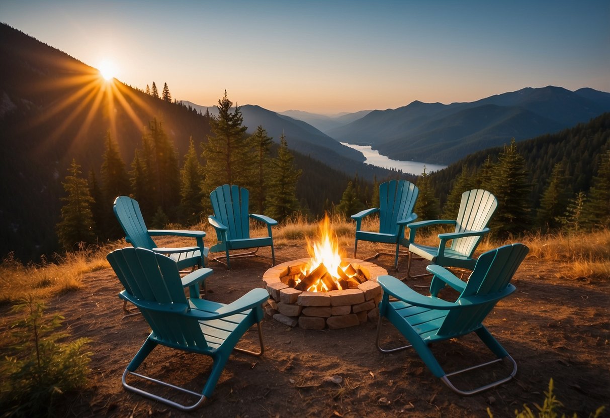 Five camping chairs arranged in a circle around a campfire, with a beautiful natural backdrop of trees and mountains in the distance