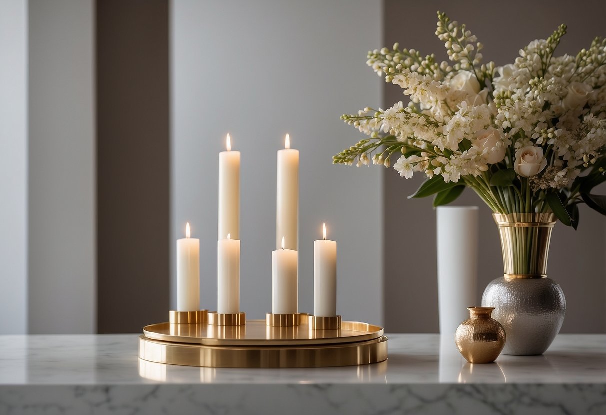 A modern, sleek altar with clean lines and minimalist design. It is adorned with elegant decorative accents and placed in a serene, well-lit space