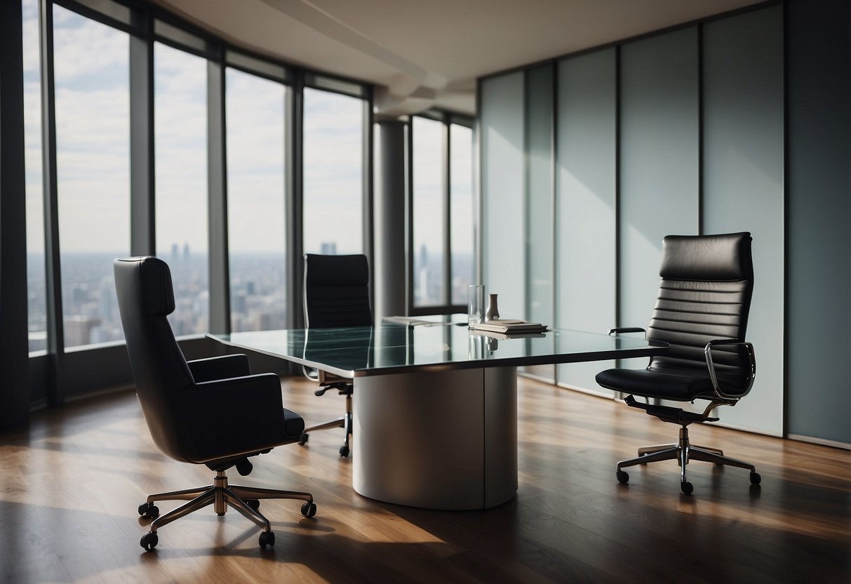 A sleek desk with a high-back leather chair, a minimalist bookshelf, and a glass conference table with ergonomic chairs