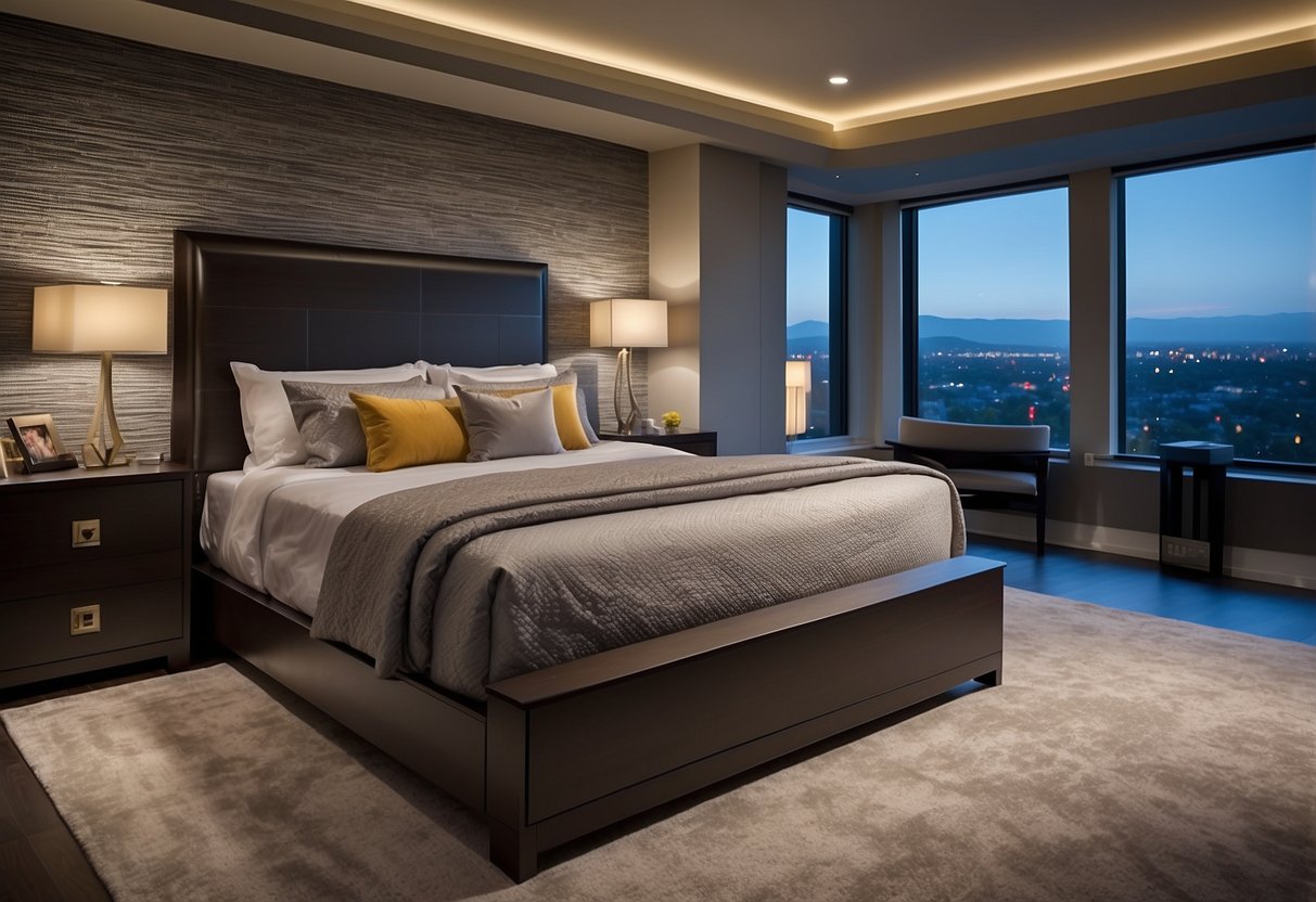 A bed, nightstand, and dresser fill the room. The bed is queen-sized, the nightstand is 24 inches wide, and the dresser is 60 inches long