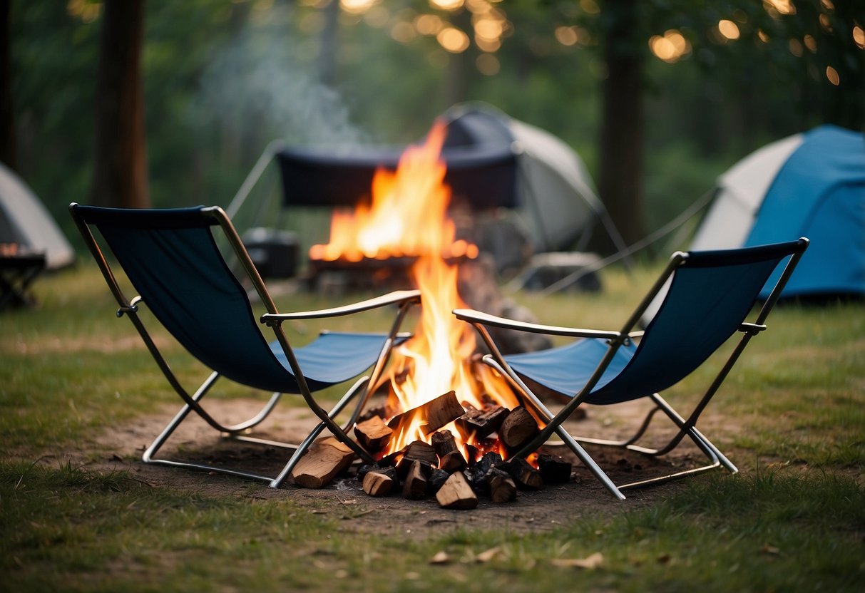 A campsite with a variety of camping chairs set up around a crackling fire, showcasing the importance of choosing the right chair for comfort and relaxation